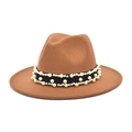 Detail of camel wool fedora hat featuring black ribbon band with white pearl embellishments - M (56-58cm) / Khaki