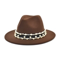 Close-up of a dark brown wool fedora hat featuring a stylish pearl beaded hatband detail - M (56-58cm) / Coffee