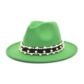 Close-up of green wool fedora hat featuring black ribbon with elegant pearl decorations - M (56-58cm) / Grass Green