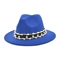 Detail of royal blue wool fedora hat featuring pearl embellishments and black ribbon trim - M (56-58cm) / Sapphire Blue