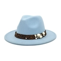 Detail of light blue wool fedora with leopard print band and pearl embellishments - M (56-58cm) / Sky Blue
