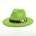 Detail of lime green fedora hat featuring leopard print band with pearl accents - M (56-58cm) / Fruit Green