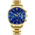 Men's gold steel watch with blue dial featuring sub-dials and calendar window - Gold Band Gold Case Blue Dial Gold Hands