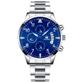 Men's quartz business watch with blue dial, silver steel band and calendar function - Silver Band Silver Case Blue Dial Blue Hands