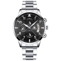Business quartz watch with silver steel band, black dial, and functional date display - Silver Band Silver Case Black Dial Silver Hands