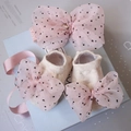 Infant beige knit sock and headband set with pink polka dot chiffon bow and pearls - Pink Polka Dot
