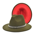 Detail of olive green fedora with red lining and golden studded leather band decoration - M(56-58cm) / Army Green + Red