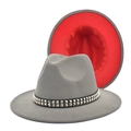Detail of grey wool fedora hat featuring a red brim interior and silver studded leather band - M (56-58cm) / Light Gray + Red