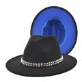Detail of black fedora with blue lining and gold square studs on the decorative band - M (56-58cm) / Black + Royal Blue