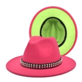 Two-tone wool fedora hat in hot pink and lime green with silver studded black ribbon - M (56-58cm) / Rose Red + Fruit Green