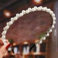 Detail shot showing 15cm diameter of pearl braided headband with glossy white beads - S186-8 Pearl Metal Thin Frame Style