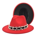 Detail of red fedora hat with elegant pearl embellishments and black ribbon trim - M (56-58cm) / Red + Black