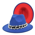 Detail view of royal blue fedora hat with red underbrim and pearl-studded black band - M (56-58cm) / Royal Blue + Red