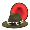 Two-tone wool fedora hat in olive and red with elegant pearl band detail - M (56-58cm) / Army Green + Red