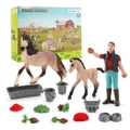 Farm animal playset featuring horses, a farm worker figure, and feeding accessories - Horse Farming Set FW665-56