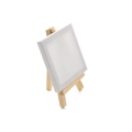 Close-up of a mini wooden tripod easel with a small blank white square canvas frame - 8*15cm Easel + 8*8cm Canvas