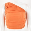 Detail of orange one-shoulder crop top showing elastic pleated texture and slim fit design - S / Orange