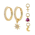 Minimalist gold hoop earring set with interchangeable sun moon cross and gem charms - Red Zircon Gold