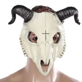 3D ram skull cosplay mask with black spiral horns and cross symbol for Halloween - One Size / White Cross Sheep Mask
