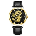 Golden dragon relief watch for men with black crocodile leather strap and crystal hour markers - Black Dial Two-tone Case Black Strap