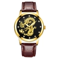 Men's quartz watch with gold dragon dial, diamond markers, and brown leather strap - Black Dial Gold Case Brown Strap