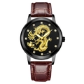 Men's quartz watch with golden dragon relief, black dial and brown leather strap - Black Dial Black Case Brown Strap
