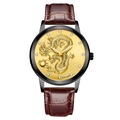 Chinese style quartz watch with golden dragon relief dial and brown leather strap - Gold Dial Black Case Brown Strap