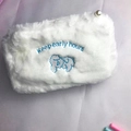 White plush cosmetic bag with blue poodle embroidery and pearl zipper puller - White Puppy