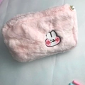 Pink plush pouch with cartoon bunny embroidery and pearl zipper charm detail - Pink Rabbit