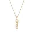Macro view of gold stainless steel necklace with Blessed word vertical pendant - Gold Pisces