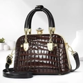 Dark brown crocodile embossed patent leather handbag with sparkling rhinestone lock - Coffee