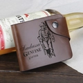 Retro brown leather tri-fold men's wallet with cowboy illustration and snap button - Hunter Embossed Slant Buckle