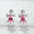 Silver sea turtle stud earrings featuring pink oval gemstones and zircon accents - Platinum Plated Pink Zirconia