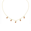 Golden delicate chain necklace featuring five orange crystal fruit pendants with green leaves - Orange Pendant Style (XL00099)