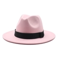 Pink wool felt fedora hat with flat brim and black ribbon band on a white background - Pink