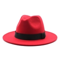 Detailed view of red wool fedora hat with flat brim and contrast black ribbon band - M (56-58cm) / Red