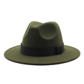 Detail of the olive green fedora hat featuring a black ribbon band and flat wide brim - Army Green