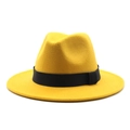 Detailed close-up of bright yellow wool fedora hat with a black grosgrain ribbon band - M (56-58cm) / Yellow