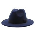 Close-up of a dark blue felt jazz hat featuring a classic black flat ribbon band decoration - Navy Blue