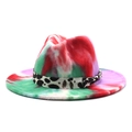 Cappello Fedora in lana tie-dye colorato con fascia leopardata e tesa larga piatta unisex - Stile Tie-Dye Rosso Verde Viola