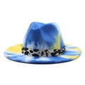 Cappello fedora in lana tie-dye blu e giallo con nastro leopardato per moda - Stile Tie-Dye Blu Giallo Bianco
