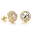 Luxury gold plated hip hop halo stud earrings featuring micro-paved round cut cubic zirconia - 12mm Round Halo / Gold