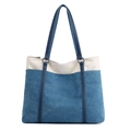 Contrast canvas tote bag in denim blue and cream white with vegan leather straps - Blue