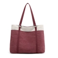 Large capacity canvas tote bag in wine red and off-white color block design - Purple Coffee