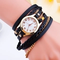 Montre bracelet triple tour pour femme en cuir noir tressé avec boîtier en métal doré - Noir