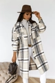 Long plaid wool coat with classic lapels and buttons in a soft grey and beige pattern - S / Gray