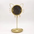 Organizador de joyas metálico dorado con forma de gato, espejo redondo y bandeja - Estilo Gato - Dorado