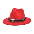 Close-up of red fedora hat with ethnic woven band and bronze bull skull accessory - M (56-58cm) / Red