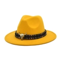 Detailed view of ginger yellow fedora hat with ethnic woven band and silver bull head charm - M (56-58cm) / Yellow