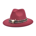 Detail of wine red fedora hat featuring ethnic woven band and golden bull skull ornament - M (56-58cm) / Burgundy